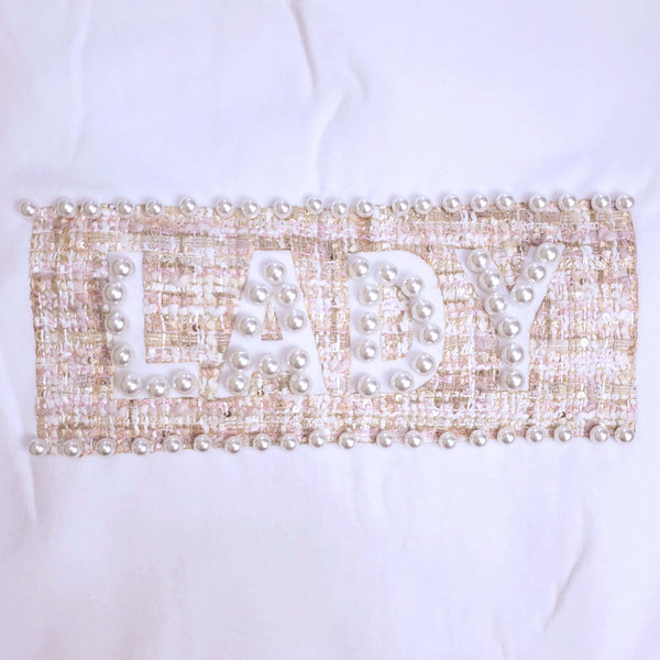 韓國 LADY tweed工藝綴珠tee（三色入：白、粉紫、黑）