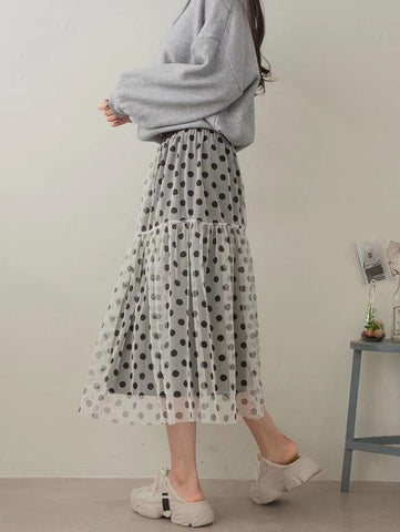 韓國波點LAYER網紗裙 (兩色入：黑、白)