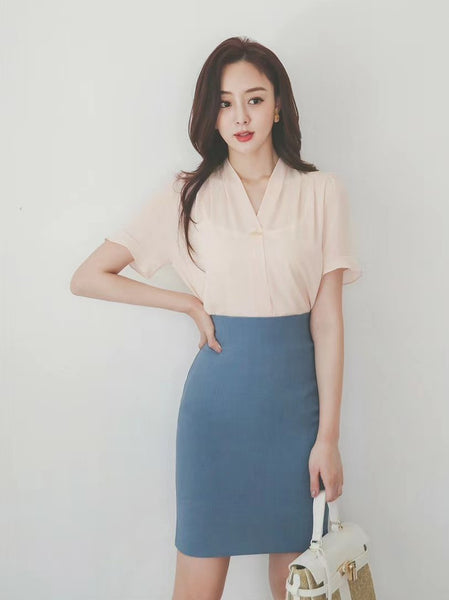韓國知性V領雪紡上衣 (四色入：黑、蜜桃粉紅、磚紅、淡藍)