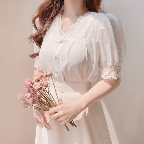 韓國 pure & true 蕾絲短袖雪紡上衣 (四色入：白、蜜桃粉紅、裸杏、超深藍)