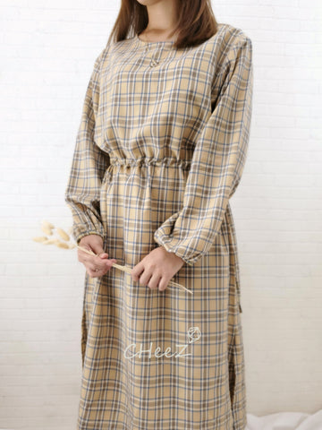 韓國雙側束繩清新格子連身裙 (兩色入：藍格X杏、桃紅格X淡綠)