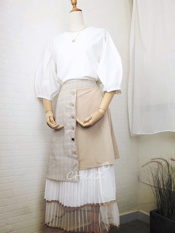 韓國復古風格子層次裙 (兩色入：杏、灰)