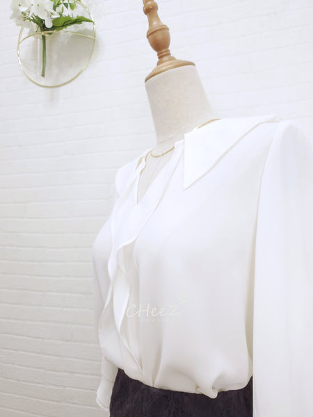 韓國 wing collar 雪紡上衣 (三色入：米白、淡藍、黑)