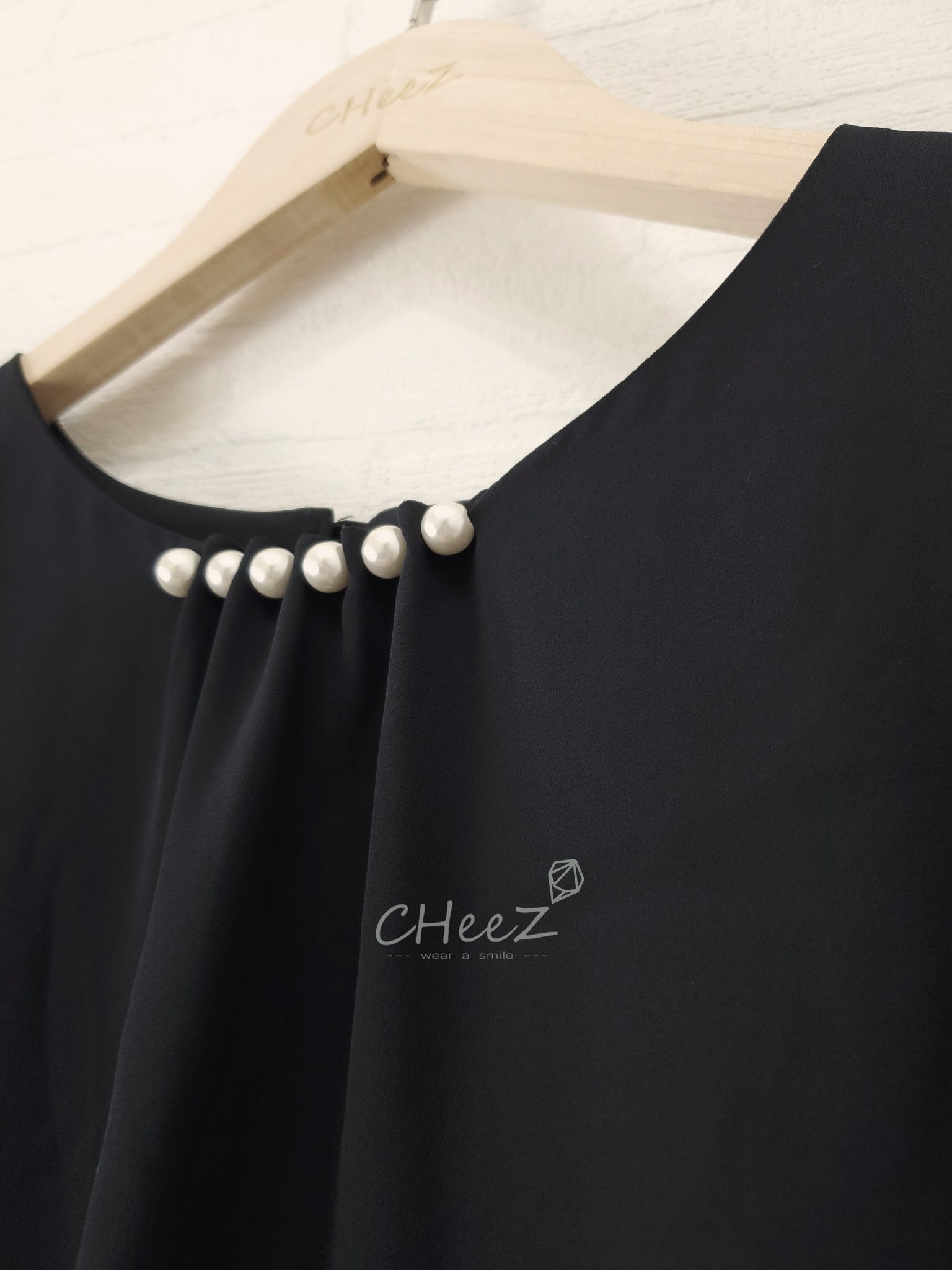 韓國 beads deco 7分袖雪紡上衣 (兩色入：黑、海藍)