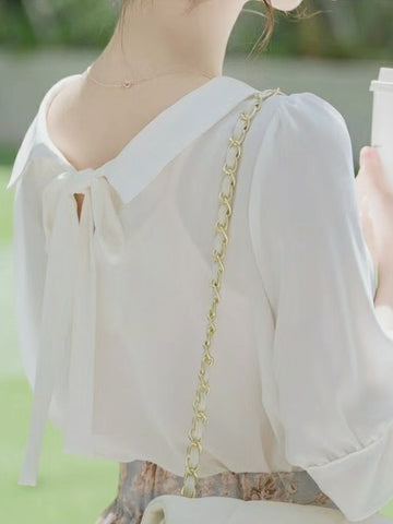 韓國背綁蝴蝶結雪紡上衣 (兩色入：白、天藍)
