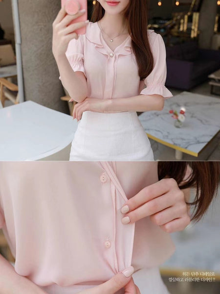 韓國 puffed sleeve 珍珠Y領上衣 (兩色入：蜜桃粉紅、超深藍)
