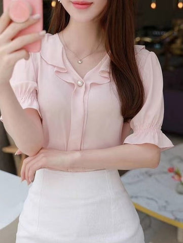 韓國 puffed sleeve 珍珠Y領上衣 (兩色入：蜜桃粉紅、超深藍)