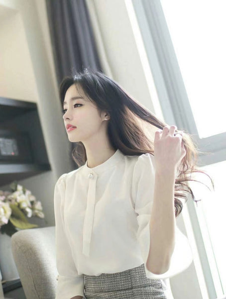 韓國 sunburst 小圓領7分袖雪紡上衣 (兩色入：白、秋木紅)