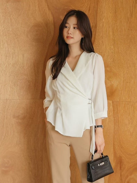 韓國帥氣感 2-way wrap blouse (三色入: 霧灰藍、榛子杏、白)