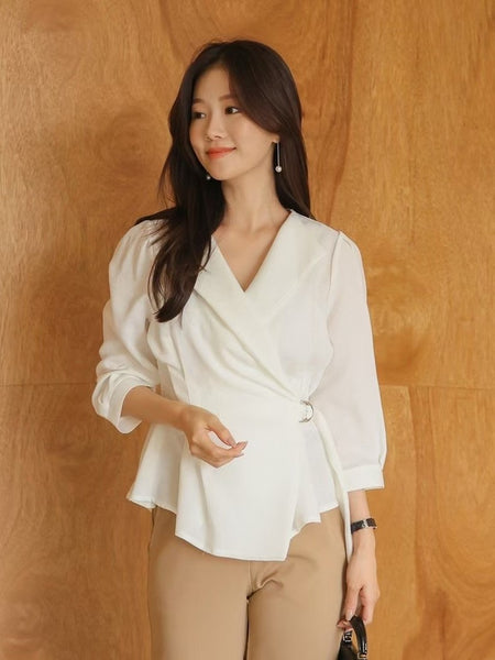 韓國帥氣感 2-way wrap blouse (三色入: 霧灰藍、榛子杏、白)