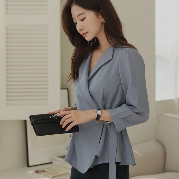 韓國帥氣感 2-way wrap blouse (三色入: 霧灰藍、榛子杏、白)