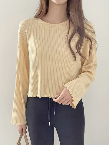 韓國 木耳邊羅紋短身長袖上衣 (三色入：淡黃, 粉紅, 燕麥色)